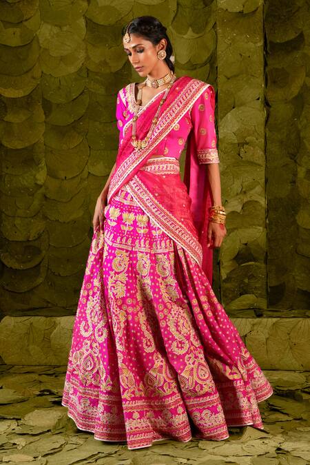 Buy_Latha Puttanna_Pink Karnataka Embroidered Tape Hennu Aari Bridal Lehenga Set _Online_at_Aza_Fashions