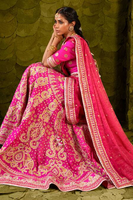 Shop_Latha Puttanna_Pink Karnataka Embroidered Tape Hennu Aari Bridal Lehenga Set _Online_at_Aza_Fashions