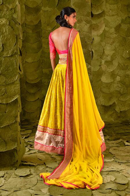 Shop Latha Puttanna Yellow Chintamani Silk Embroidered Zari Sweetheart Nadini Lehenga Set at Aza Fashions Shop_Latha Puttanna_Yellow Chintamani Silk Embroidered Zari Sweetheart Nadini Lehenga Set_at_Aza_Fashions