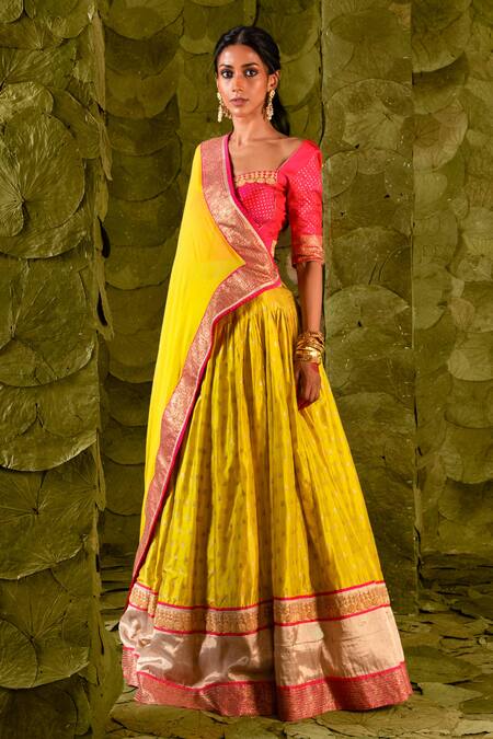 Latha Puttanna Yellow Chintamani Silk Embroidered Zari Sweetheart Nadini Lehenga Set at Aza Fashions Latha Puttanna_Yellow Chintamani Silk Embroidered Zari Sweetheart Nadini Lehenga Set_at_Aza_Fashions