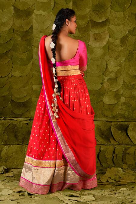 Shop Latha Puttanna Pink Kota Doria, Silk Zari Sweetheart Nadini Beaten Embroidered Lehenga Set at Aza Fashions Shop_Latha Puttanna_Pink Kota Doria, Silk Zari Sweetheart Nadini Beaten Embroidered Lehenga Set_at_Aza_Fashions