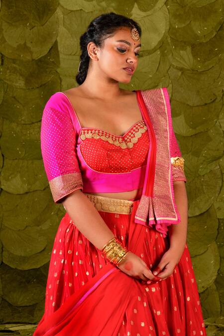 Latha Puttanna Pink Kota Doria, Silk Zari Sweetheart Nadini Beaten Embroidered Lehenga Set Online at Aza Fashions Latha Puttanna_Pink Kota Doria, Silk Zari Sweetheart Nadini Beaten Embroidered Lehenga Set_Online_at_Aza_Fashions