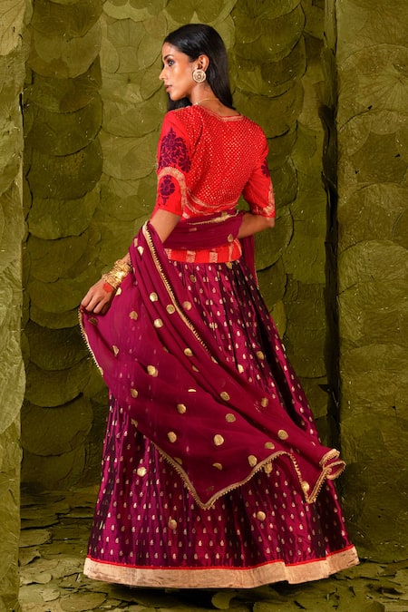 Shop_Latha Puttanna_Red Kota Doria, Silk Zari, Beads, Sequins Round Tangi Embroidered Lehenga Set_at_Aza_Fashions