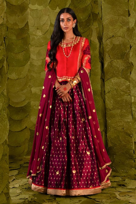 Latha Puttanna_Red Kota Doria, Silk Zari, Beads, Sequins Round Tangi Embroidered Lehenga Set_Online_at_Aza_Fashions