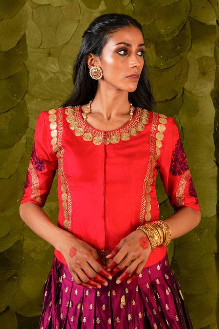 Buy_Latha Puttanna_Red Kota Doria, Silk Zari, Beads, Sequins Round Tangi Embroidered Lehenga Set_Online_at_Aza_Fashions