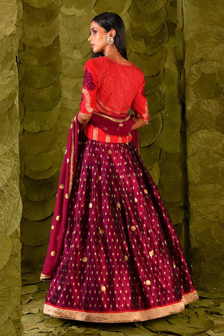 Shop_Latha Puttanna_Red Kota Doria, Silk Zari, Beads, Sequins Round Tangi Embroidered Lehenga Set_Online_at_Aza_Fashions