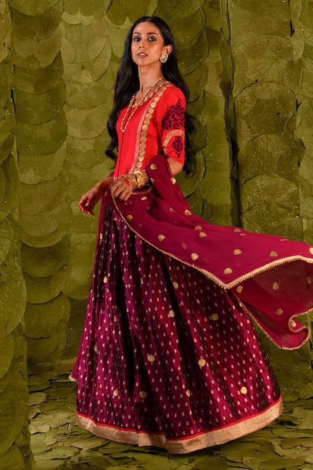 Latha Puttanna_Red Kota Doria, Silk Zari, Beads, Sequins Round Tangi Embroidered Lehenga Set_at_Aza_Fashions