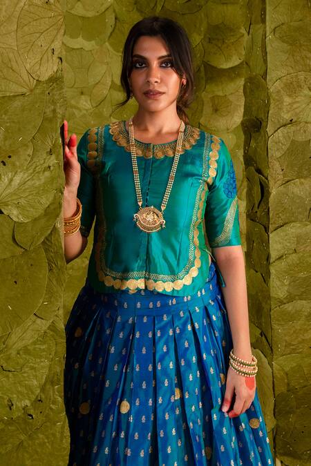 Buy Latha Puttanna Blue Kota Doria, Silk Beads, Zari Round Neck Tangi And Embroidered Lehenga Set Online at Aza Fashions Buy_Latha Puttanna_Blue Kota Doria, Silk Beads, Zari Round Neck Tangi And Embroidered Lehenga Set_Online_at_Aza_Fashions