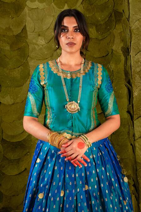 Shop Latha Puttanna Blue Kota Doria, Silk Beads, Zari Round Neck Tangi And Embroidered Lehenga Set Online at Aza Fashions Shop_Latha Puttanna_Blue Kota Doria, Silk Beads, Zari Round Neck Tangi And Embroidered Lehenga Set_Online_at_Aza_Fashions