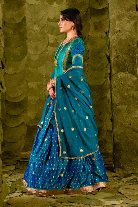 Latha Puttanna Blue Kota Doria, Silk Beads, Zari Round Neck Tangi And Embroidered Lehenga Set at Aza Fashions Latha Puttanna_Blue Kota Doria, Silk Beads, Zari Round Neck Tangi And Embroidered Lehenga Set_at_Aza_Fashions