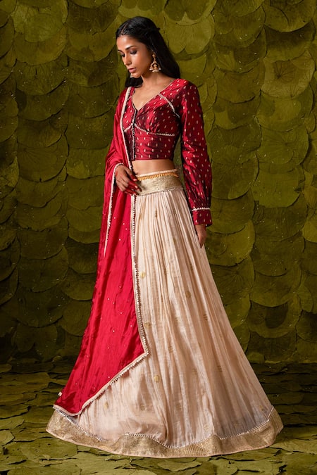 Bridal Lehenga Choli - Off White Velvet Hand Embroidered Lehenga Choli –  Empress Clothing