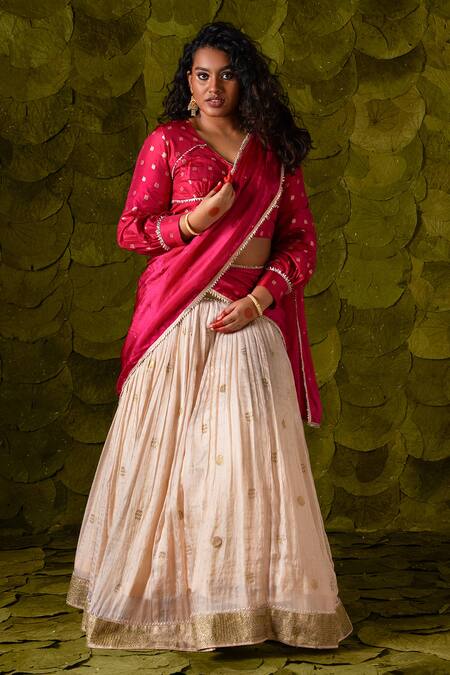 Buy_Latha Puttanna_Off White Silk, Crepe Zari, Sequins Attige Beaten Embroidered Lehenga Set _Online_at_Aza_Fashions
