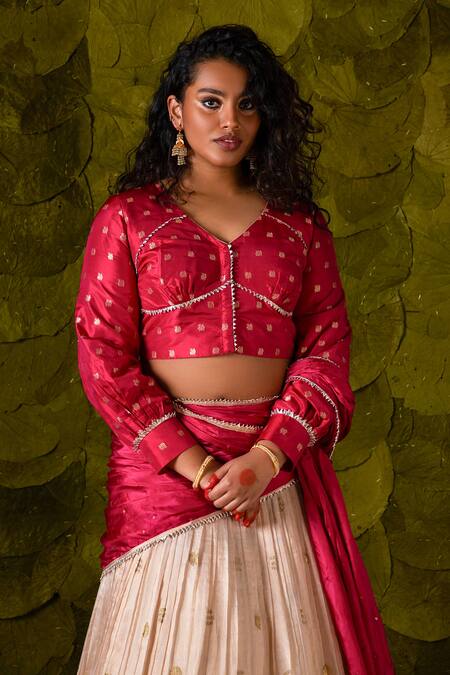 Shop_Latha Puttanna_Off White Silk, Crepe Zari, Sequins Attige Beaten Embroidered Lehenga Set _Online_at_Aza_Fashions