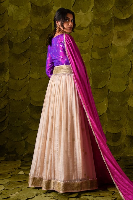 Shop_Latha Puttanna_Off White Chanderi , Crepe, Zari V-neck Attige Embroidered Lehenga Set _at_Aza_Fashions