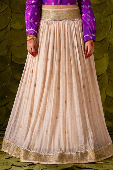 Shop_Latha Puttanna_Off White Chanderi , Crepe, Zari V-neck Attige Embroidered Lehenga Set _Online_at_Aza_Fashions
