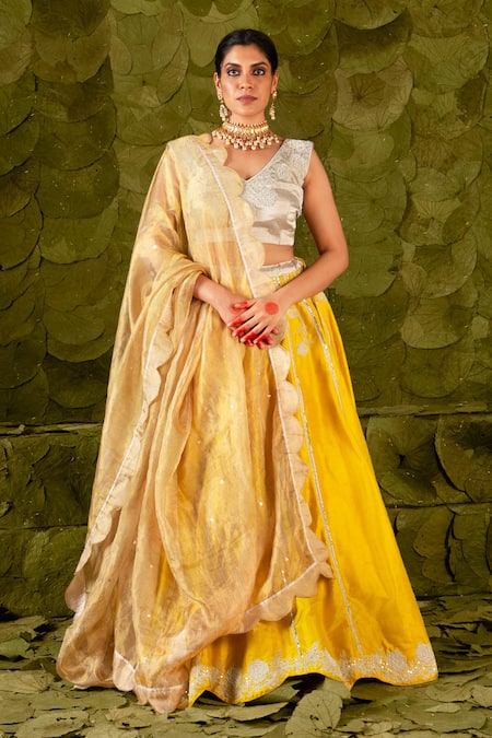 Yellow Floral Embroidery Lehenga | Design By Shivani