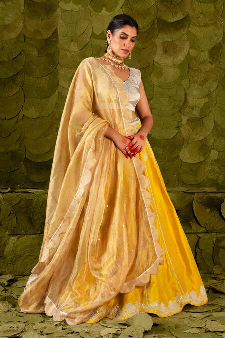 Shop_Latha Puttanna_Yellow Silk, Tissue Sequins, Beads V-neck Gelathi Floral Embroidered Lehenga Set _Online_at_Aza_Fashions