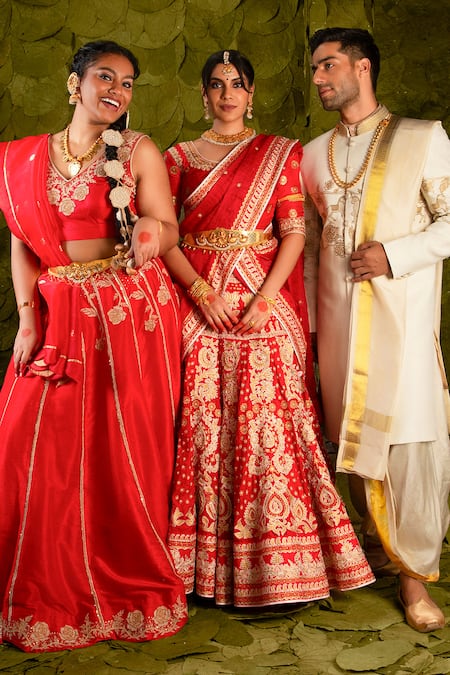 Latha Puttanna_Red Silk, Organza Sequins, Beads V-neck Gelathi Embroidered Lehenga Set _Online_at_Aza_Fashions