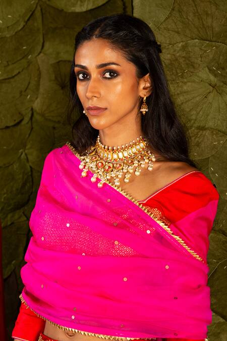 Buy_Latha Puttanna_Pink Organza, Silk, Kota Doria Sequins, Beads Akka Zari Embroidered Lehenga Set _Online_at_Aza_Fashions