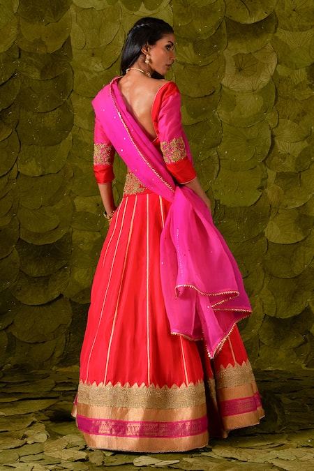 Shop_Latha Puttanna_Pink Organza, Silk, Kota Doria Sequins, Beads Akka Zari Embroidered Lehenga Set _at_Aza_Fashions