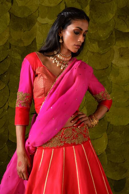 Shop_Latha Puttanna_Pink Organza, Silk, Kota Doria Sequins, Beads Akka Zari Embroidered Lehenga Set _Online_at_Aza_Fashions