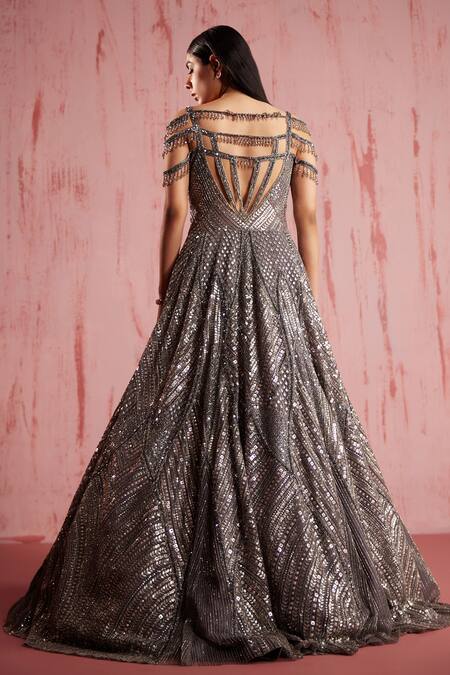 Shimmering Silver Sequined Evening Dress Neckline Design, Waist-high S –  Gattinolli by Marwan