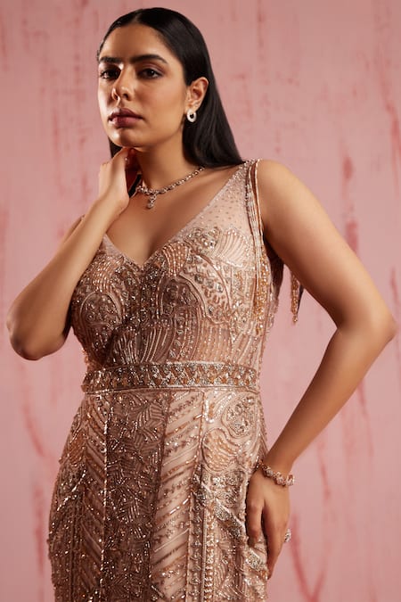 Roqa_Pink Net Sequins, Pearls Plunge Neck Bela Crystal Embellished Mermaid Gown_Online_at_Aza_Fashions
