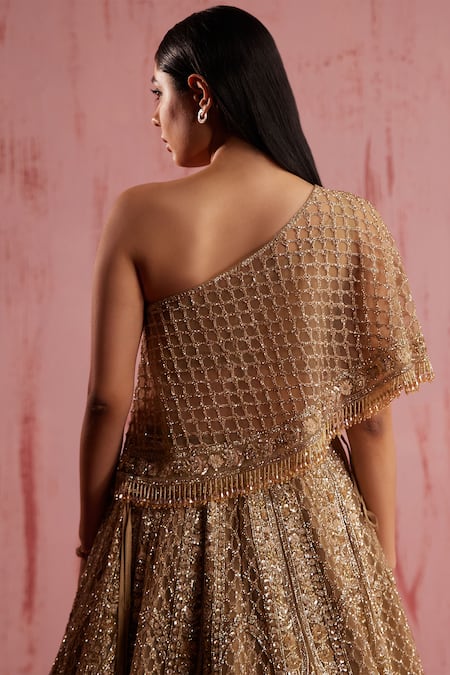 Shop Roqa Gold Modal, Satin, Net Grace Floral Blossom Embellished Lehenga Cape Set at Aza Fashions Shop_Roqa_Gold Modal, Satin, Net Grace Floral Blossom Embellished Lehenga Cape Set _at_Aza_Fashions