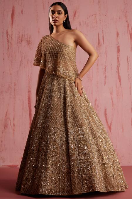 Roqa Gold Modal, Satin, Net Grace Floral Blossom Embellished Lehenga Cape Set Online at Aza Fashions Roqa_Gold Modal, Satin, Net Grace Floral Blossom Embellished Lehenga Cape Set _Online_at_Aza_Fashions