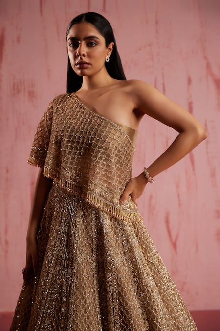 Buy Roqa Gold Modal, Satin, Net Grace Floral Blossom Embellished Lehenga Cape Set Online at Aza Fashions Buy_Roqa_Gold Modal, Satin, Net Grace Floral Blossom Embellished Lehenga Cape Set _Online_at_Aza_Fashions