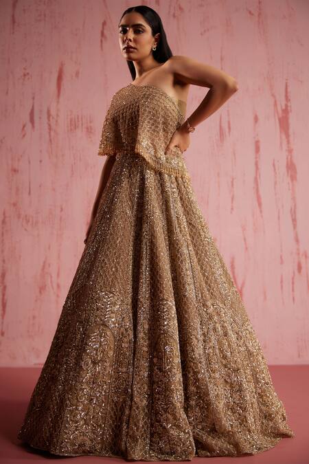 Shop Roqa Gold Modal, Satin, Net Grace Floral Blossom Embellished Lehenga Cape Set Online at Aza Fashions Shop_Roqa_Gold Modal, Satin, Net Grace Floral Blossom Embellished Lehenga Cape Set _Online_at_Aza_Fashions