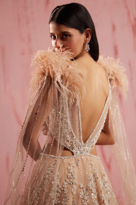 Roqa Myreen Sequin Embellished Floral Gown With Detachable Cape Panels 