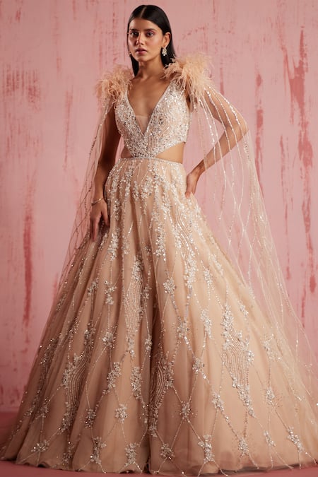 Shop_Roqa_Peach Net Sequins, Myreen Embellished Floral Gown With Detachable Cape Panels _Online_at_Aza_Fashions