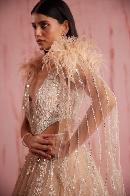 Roqa_Peach Net Sequins, Myreen Embellished Floral Gown With Detachable Cape Panels _at_Aza_Fashions