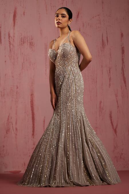 Buy Roqa Silver Net Sequins, Crystals Sweetheart Neck Sandrine Embellished Mermaid Gown Online at Aza Fashions Buy_Roqa_Silver Net Sequins, Crystals Sweetheart Neck Sandrine Embellished Mermaid Gown _Online_at_Aza_Fashions