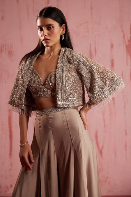 Buy_Roqa_Silver Modal, Satin Crystals Starlyn Floral Jaal Embellished Cape Palazzo Set _Online_at_Aza_Fashions