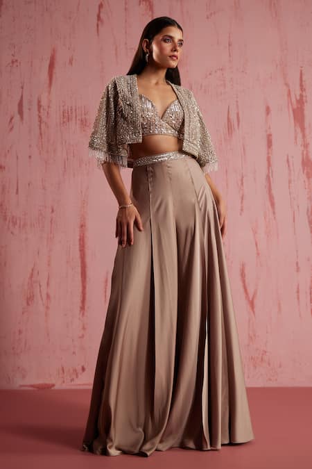 Shop_Roqa_Silver Modal, Satin Crystals Starlyn Floral Jaal Embellished Cape Palazzo Set _Online_at_Aza_Fashions
