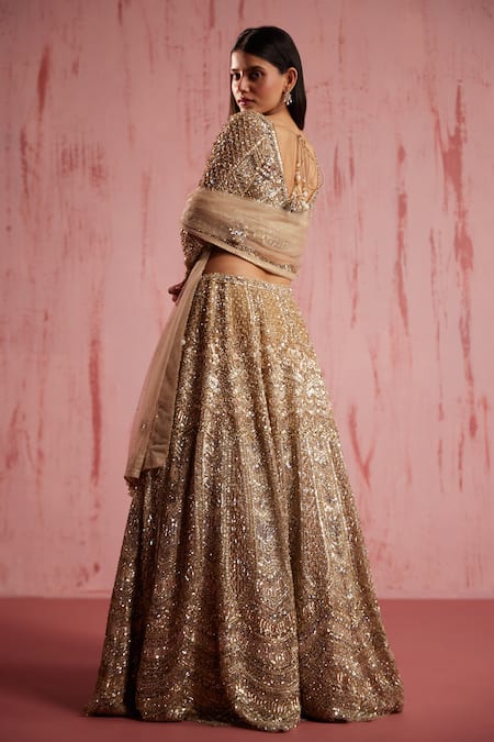 Shop Roqa Gold Net Sequins, Crystals Sweetheart Neck Zayan Embroidered Bridal Lehenga Set at Aza Fashions Shop_Roqa_Gold Net Sequins, Crystals Sweetheart Neck Zayan Embroidered Bridal Lehenga Set _at_Aza_Fashions