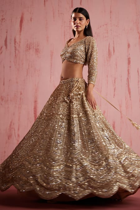 Roqa Gold Net Sequins, Crystals Sweetheart Neck Zayan Embroidered Bridal Lehenga Set Online at Aza Fashions Roqa_Gold Net Sequins, Crystals Sweetheart Neck Zayan Embroidered Bridal Lehenga Set _Online_at_Aza_Fashions