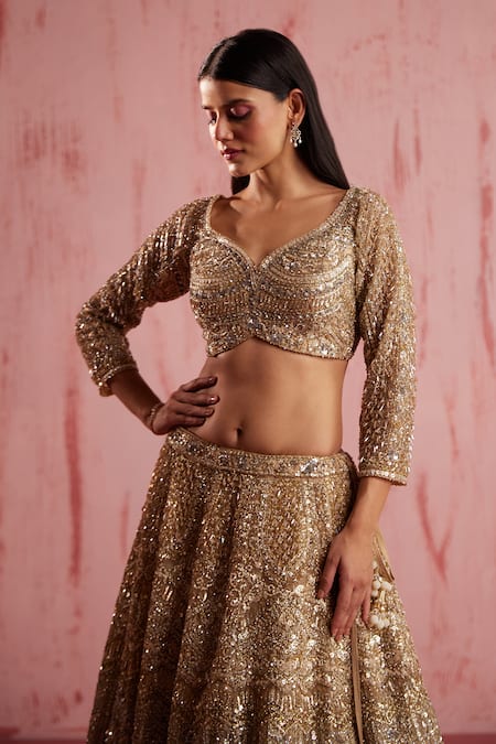 Buy Roqa Gold Net Sequins, Crystals Sweetheart Neck Zayan Embroidered Bridal Lehenga Set Online at Aza Fashions Buy_Roqa_Gold Net Sequins, Crystals Sweetheart Neck Zayan Embroidered Bridal Lehenga Set _Online_at_Aza_Fashions