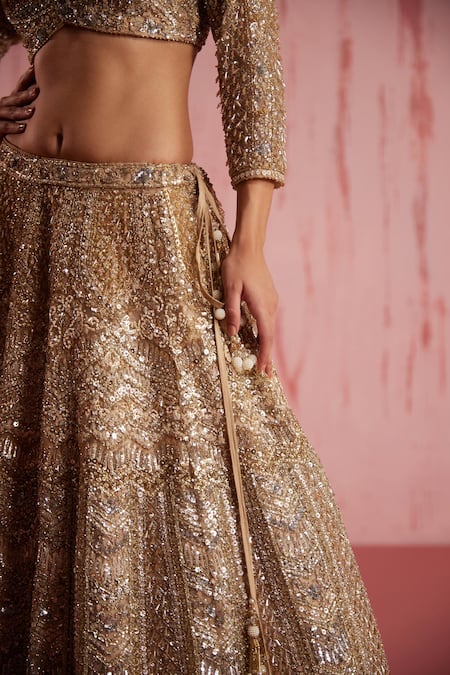 Roqa Gold Net Sequins, Crystals Sweetheart Neck Zayan Embroidered Bridal Lehenga Set at Aza Fashions Roqa_Gold Net Sequins, Crystals Sweetheart Neck Zayan Embroidered Bridal Lehenga Set _at_Aza_Fashions