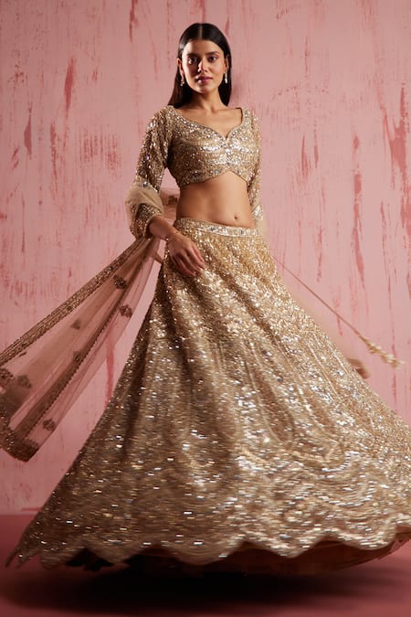 Buy Roqa Gold Net Sequins, Crystals Sweetheart Neck Zayan Embroidered Bridal Lehenga Set Buy_Roqa_Gold Net Sequins, Crystals Sweetheart Neck Zayan Embroidered Bridal Lehenga Set