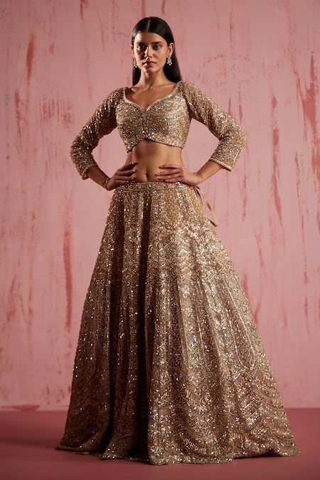 Shop Roqa Gold Net Sequins, Crystals Sweetheart Neck Zayan Embroidered Bridal Lehenga Set Shop_Roqa_Gold Net Sequins, Crystals Sweetheart Neck Zayan Embroidered Bridal Lehenga Set