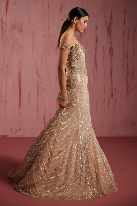 Buy_Roqa_Gold Net Applique Sweetheart Zerena Scallop Crystal Embellished Mermaid Gown _Online_at_Aza_Fashions