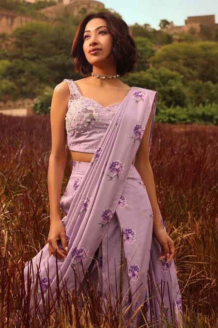 Buy Pasha India Purple Linen Sequins, Pearls Sweetheart Neck Floral Print Pant Saree With Blouse Buy_Pasha India_Purple Linen Sequins, Pearls Sweetheart Neck Floral Print Pant Saree With Blouse