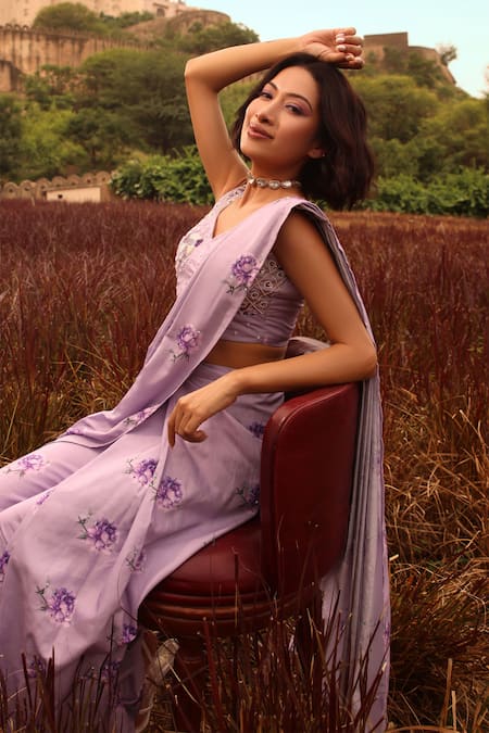Shop Pasha India Purple Linen Sequins, Pearls Sweetheart Neck Floral Print Pant Saree With Blouse Shop_Pasha India_Purple Linen Sequins, Pearls Sweetheart Neck Floral Print Pant Saree With Blouse
