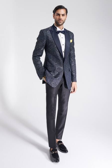 Raghavendra Rathore Jodhpur Blue Wool, Jacquard Embroidery The Lagoon Tuxedo at Aza Fashions Raghavendra Rathore Jodhpur_Blue Wool, Jacquard Embroidery The Lagoon Tuxedo _at_Aza_Fashions