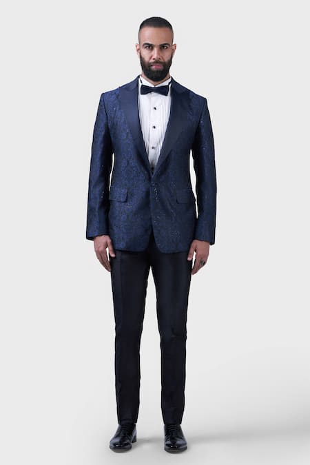 Raghavendra Rathore Jodhpur_Blue Silk Beads The Midnight Floret Tuxedo _Online_at_Aza_Fashions