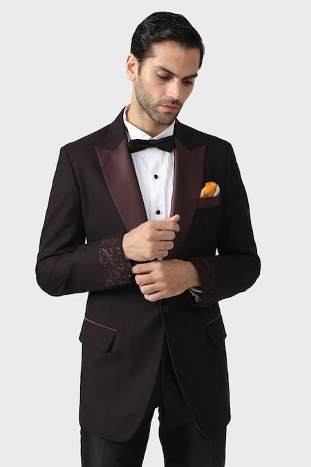 Shop_Raghavendra Rathore Jodhpur_Brown Wool Embroidery The Burnt Sienna Tuxedo _Online_at_Aza_Fashions
