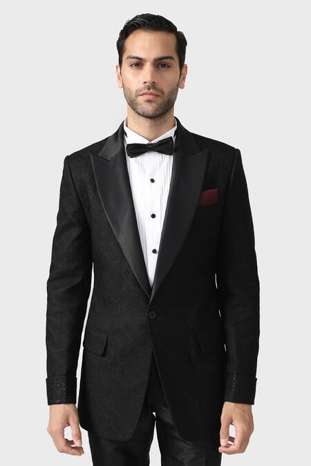 Buy_Raghavendra Rathore Jodhpur_Black Silk, Jacquard Embroidery The Argyll Tuxedo _Online_at_Aza_Fashions